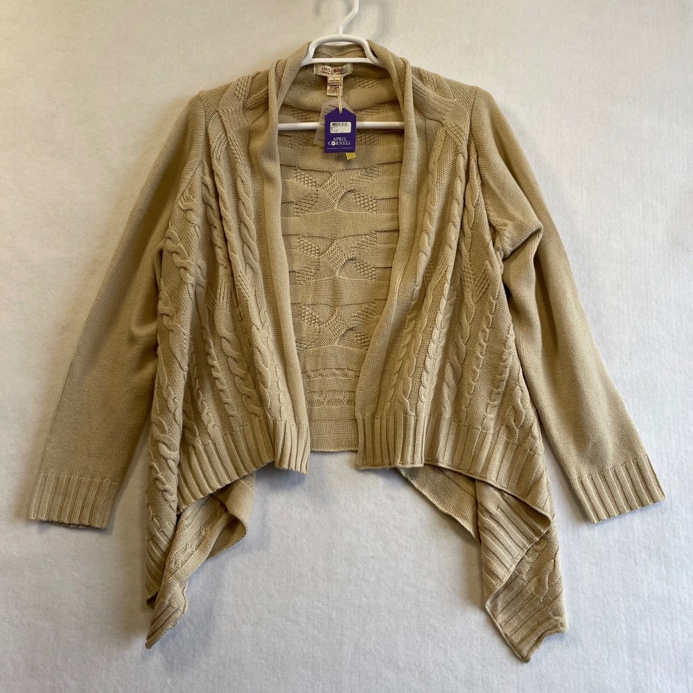 April Cornell Haven Sweater Oat Tan Cable Knit Open Cardigan Handkerchief Hem L